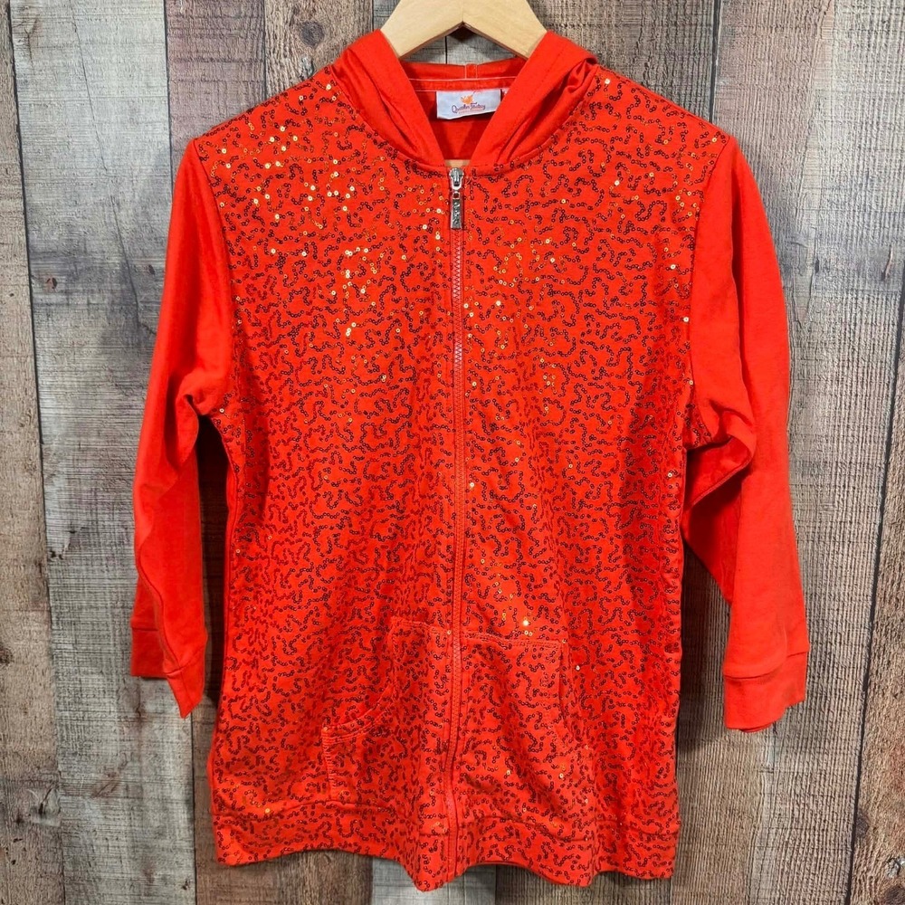 Quacker Factory Orange Sequin Zip Up Hoodie Jacket Medium Sparkle Bling